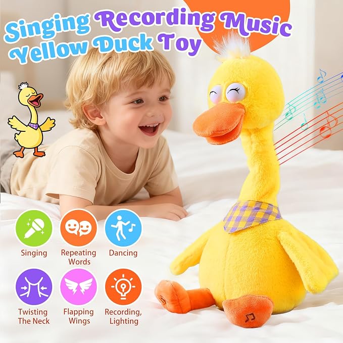 Marsjoy 13" Talking Dancing Duck, Repeating What You Say Mimicking Recording Plush Baby Toy Musical English Song Singing Talking Glowing Animated Twisting Gift of Lighting Up Toy for Boy Kid