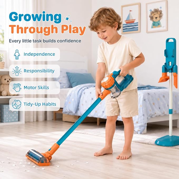 3-in-1 Kids Vacuum that Really Works - Toddler Vacuum Cleaner with Real Suction, Pretend Play Housekeeping & Cleaning Toy Set for Kids Ages 3+ (Blue)