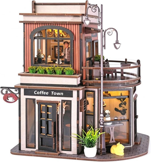 DIY Coffee Shop Book Nook Kit for Adults with LED Lights | 3D wooden puzzle, miniature dollhouse bookshelf insert and desk decor, creative craft gift for birthdays and Christmas.