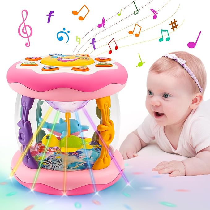 Baby Girl Toys Ocean Projector Rotating Musical Light Up Tummy Time Toy Infant Aquarium Crawling Toys Babies Girls First Birthday Newborn Shower Gifts