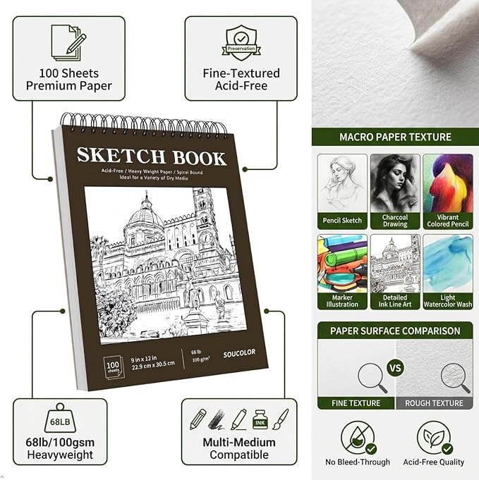Soucolor 9" x 12" Sketch Book,Top Spiral Sketch Pad,100 Sheets 68lb Acid-Free Sketchbook Drawing Paper Supplies for Pencil & Charcoal Sketching, Art Supplies for Kids, Adults & Beginners