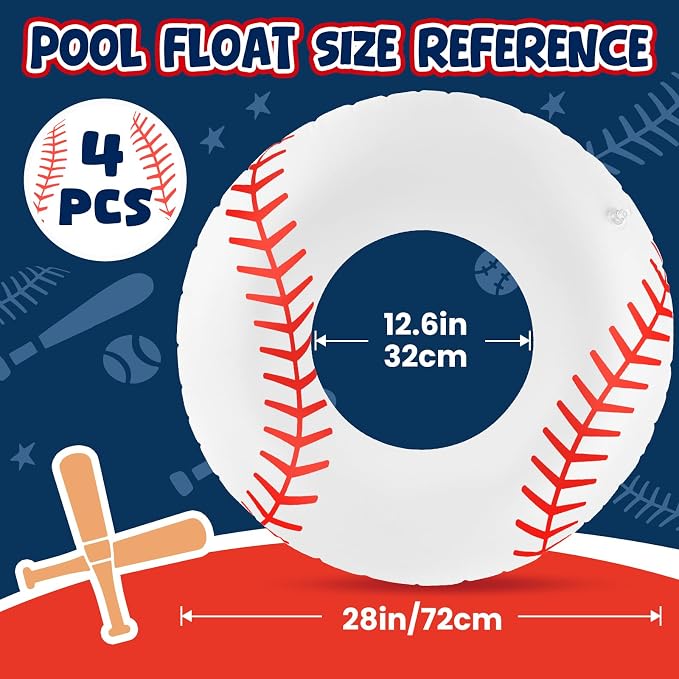 4 Pcs Baseball Stitching Pool Floats - 28 Inch Sports-Themed Kids Swim Rings (Ages 10-15), Inflatable Pool Toys for Hawaiian, Beach, Water Park
