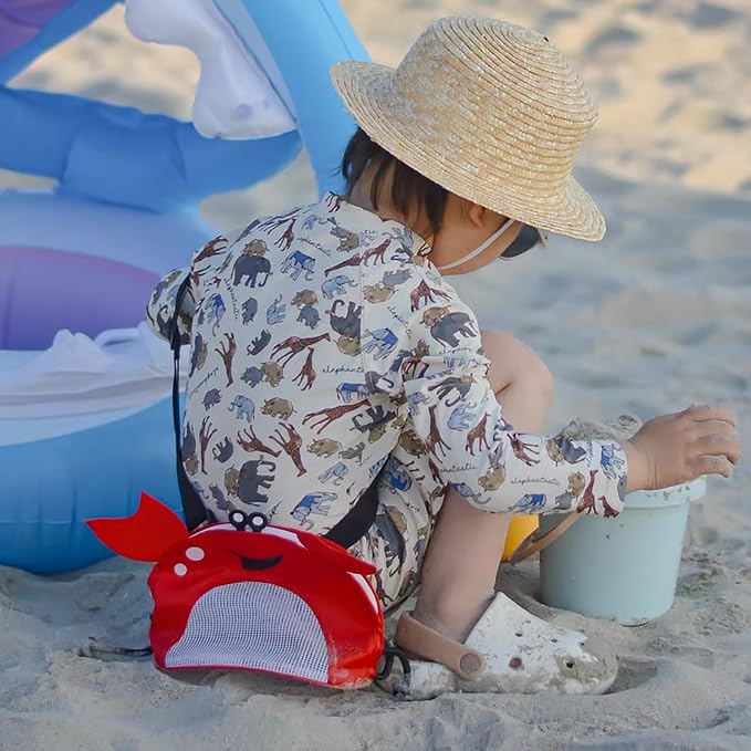 Kids Mesh Beach Bag, Cute Crab-Shaped Seashell Collecting Bag with Adjustable Strap for Holding Shell Beach Toy