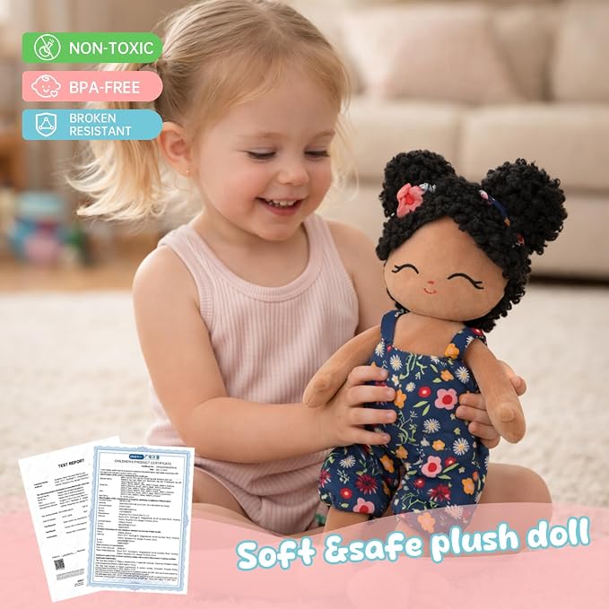 Soft Black Baby Doll Toys 16'' African American Baby Rag Doll for Girls, One Year Old Girl Birthday Gifts,Plush Toys for Toddlers Kids Infants (Black)