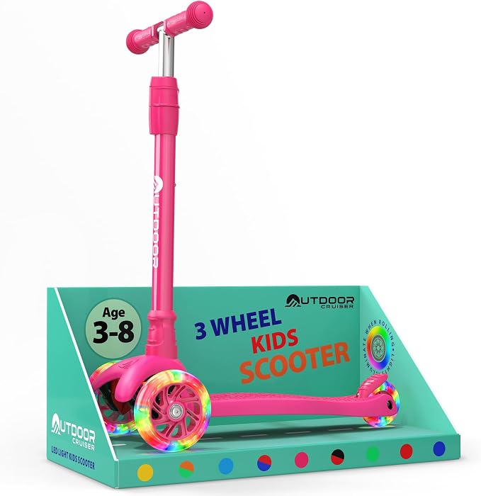 Outdoor Cruiser 3-Wheel Kids Scooter – with Lean-to-Steer Technology, Wide Deck, Led Lighted Wheel, 4-Level Adjustable Height T-bar Handle, Support Kids Up to 150 Lbs, for Boys & Girls Ages 3-8, Pink