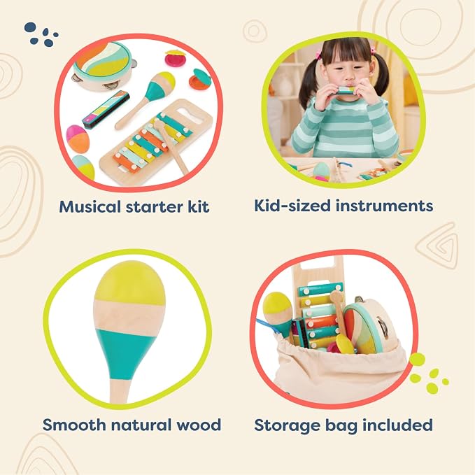 B. toys – Make a Melody – 9 Pieces Wooden Musical Instruments – Xylophone, Tambourine, Harmonica – Drawstring Storage Bag – 2+ Years