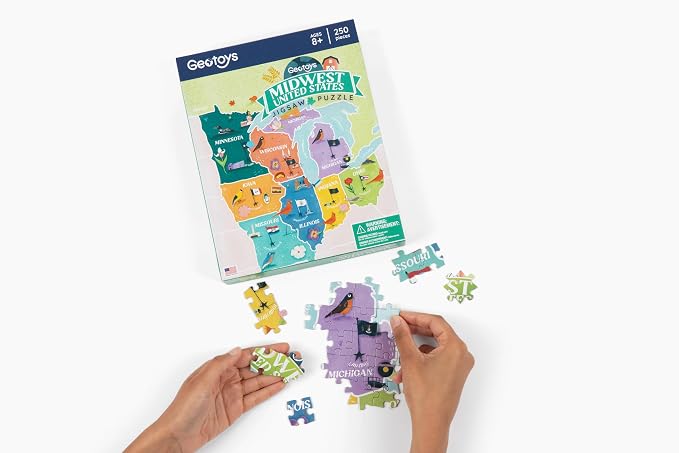 Geotoys Midwest Region Jigsaw Puzzle - Educational and Interactive Map Game - 250 Piece Puzzles - Jigsaw Puzzles for Kids Ages 8-12 - Kids Puzzle Games with Colorful Landmarks