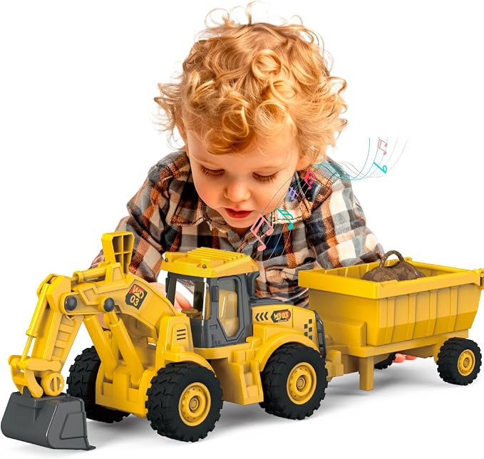 Excavator Toy with Cargo Bin, 1:18 Scale Construction Vehicle for Kids, Inertia-Powered Push-and-Go, Lights & Sounds, Working Digger Arm, Indoor/Outdoor Sandbox Toy for Boys Girls Age 3 4 5 6