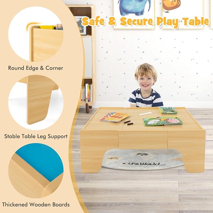 HONEY JOY Train Table, Wooden Kids Activity Table with Storage, 84 Multicolor Pieces, Tracks, Trains, Cars, Toddler Toy Train Table Set w/Reversible Tabletop, for Boy Girl Ages 18 Months+, Natural