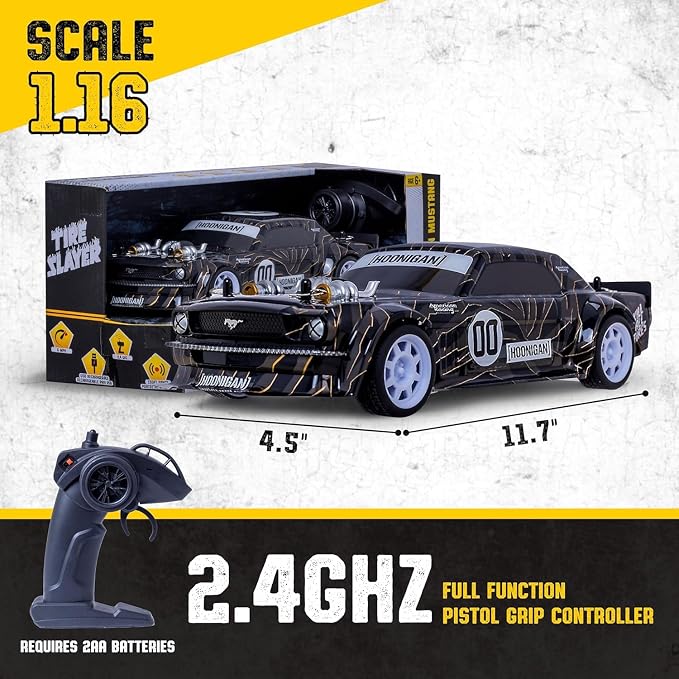 Hoonigan Mustang Remote Control RC Car for Kids – 3.7V, 2.4 GHz, Detailed Replica Design, USB Rechargeable Battery Included, 1:16 Scale, 150 ft Range, 6 Mph