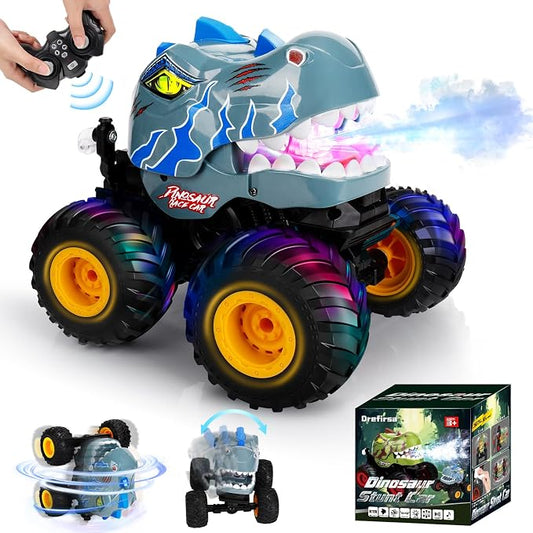 Drefirsa Remote Control Car for Boys 4-7 8-12, Dinosaur Monster Truck Toys with 50min+ Runtime, Spray, LED Light, 360° Rotating & 90° Driving, RC Stunt Car for Kids Birthday