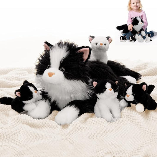 Tezituor 5Pcs Cat Stuffed Animals Set, 20 inch Large Realistic Stuffed Cat with 4 Cute Kittens Baby, Soft Black and White Ragdoll Plush Body Pillow for Boys Girls