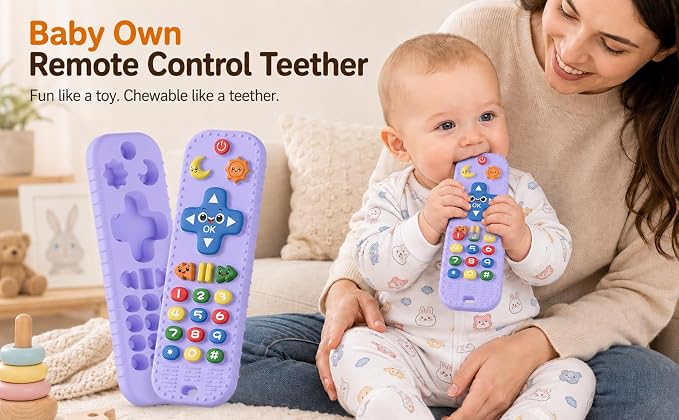 Baby Teething Toys Silicone Baby Remote Teether Over 3 Months - Baby Essentials Sensory Chew Toys - Baby Teether for Teething Relief - BPA Free Infant Toys Baby Shower Gifts (1, Purple)