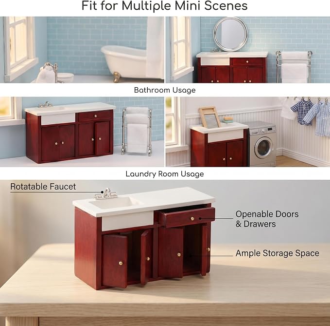 Dollhouse Furniture 1/12 Scale Miniature Sink Cabinet Wooden Bathroom Vanity Cabinet with Openable Drawer and Doors (Red)
