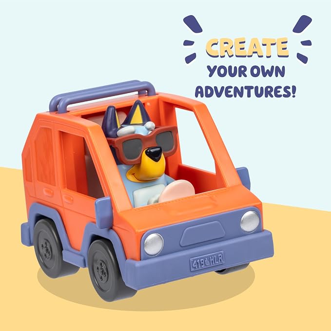 Bluey Basic 4WD Toddler Toy Car, 3” Articulated Figure with Flip-Up Sunnies, Immersive Car Toys for Kids of Age 3+