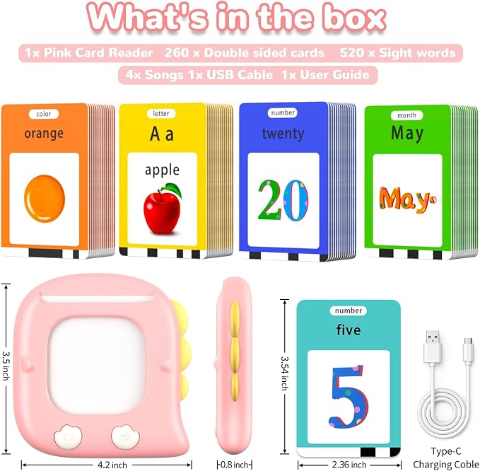 Kidzdo 520 Bilingual Spanish English Talking Flash Cards, Easter Birthday Gifts for 2 3 4 5 6 Year Old Girls, Language Pocket Speech Therapy Toys, Portable Toddlers Toys, Pink