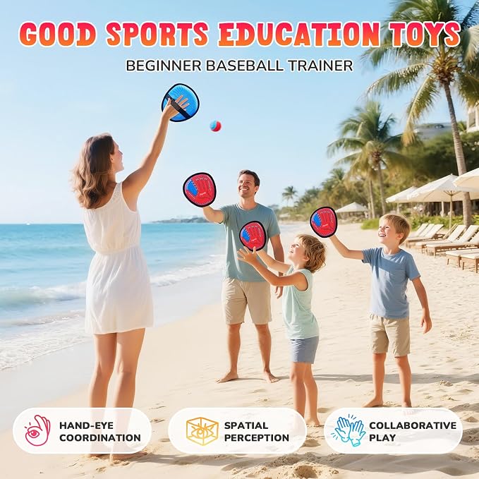 JoyCat Toss and Catch Ball Game, 2 Adult & 2 Kids Paddles Sticky Ball Set, Family Outdoor Catch Game for Beach, Backyard & Pool, Birthday Gifts for Boys Girls Ages 3+