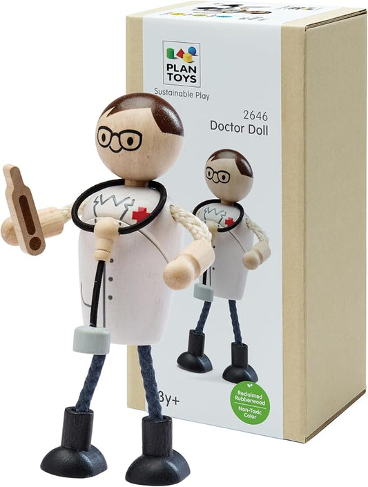 PlanToys® Wooden Doctor Role Play Doll | Poseable 1:12 Scale Character Figure for Dollhouse Play, Medical Scenarios & Social Interaction | Eco Friendly Montessori Pretend Play Figure