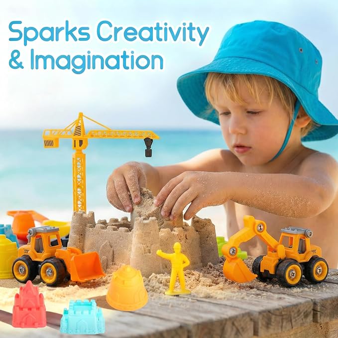 Beach Toys for Kids Ages 4-8: Construction Sand Toys Set with Collapsible Beach Bucket, Castle Molds & Trucks, Durable Beach Sand Play Kit for Boys & Girls