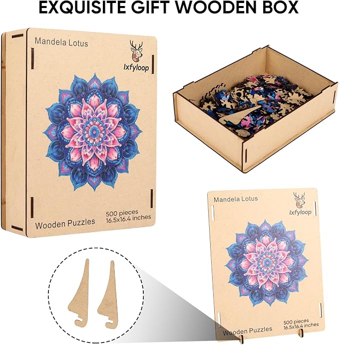 Ixfyloop Mandala Wooden Puzzles for Adults 471 Pieces, Lotus Jigsaw Puzzles Mindfulness Yoga Gift for Women, Relaxing Stress Relief Wooden Puzzles, Wood Puzzles Adult 16.4x16.5 inch