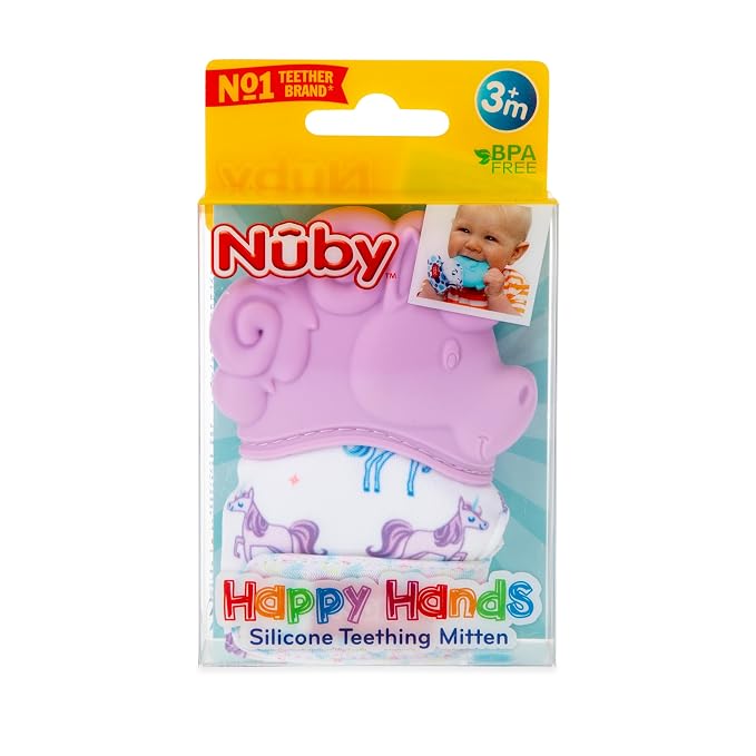 Nuby Happy Hands Silicone Teething Mitten for Babies - Soft Silicone Massaging Teether - Soothes Sore Gums - Easy-to-Wear and Machine Washable - 3+ Months - Unicorn