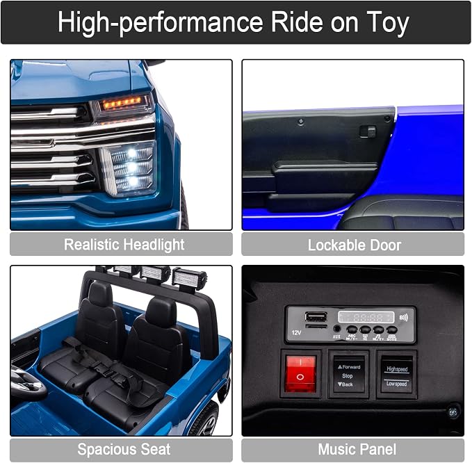 24V Ride on Toys for Kids, Chevrolet Silverado 2 Seater Ride on Car for Kids Remote Control Kids Electric Cars Kids Driving Car with Bluetooth, Power of Wheel Car for Kids Truck for All Types of Road