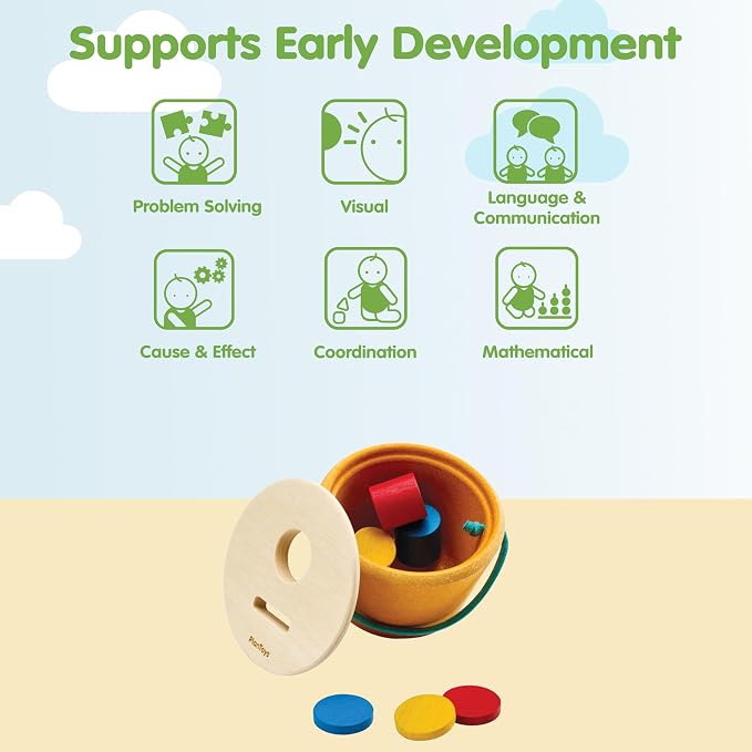 PlanToys® Drop & Fit Bucket | Wooden Shape Matching Toy for Babies 5M+ | Montessori Educational Sorting Toy with 6 Blocks | Develops Hand-Eye Coordination, Shape Sorter & Problem-Solving Skills