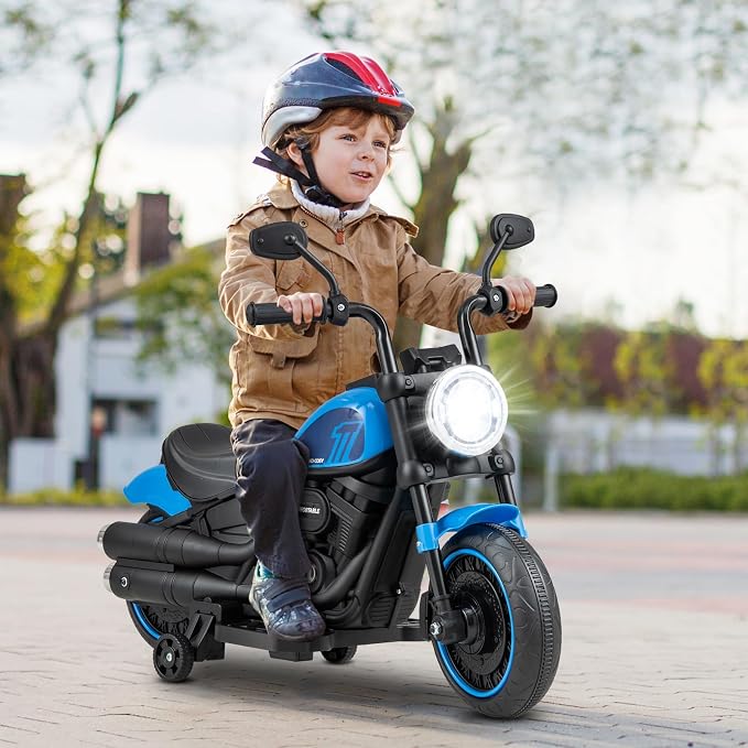 Costzon Toddler Motorcycle, 6V Battery Powered Electric Motorcycle with Detachable Training Wheels, Soft Start, Headlights & Music, Kids Motorcycle Ride on Toy for Toddlers Boys Girls 18+ Months(Blue)