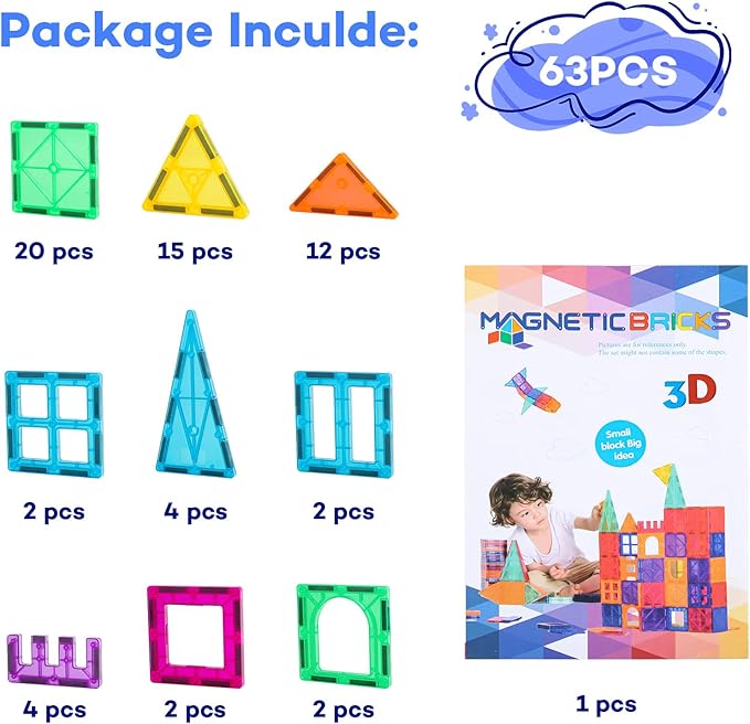 Anbalulu Magnetic Tiles, 63PCS Magnetic Blocks for Kids, Magnet Building Set, Construction Building Set,STEM Sensory Educational Toys Gift for Toddlers Kids 3-9 Year Old