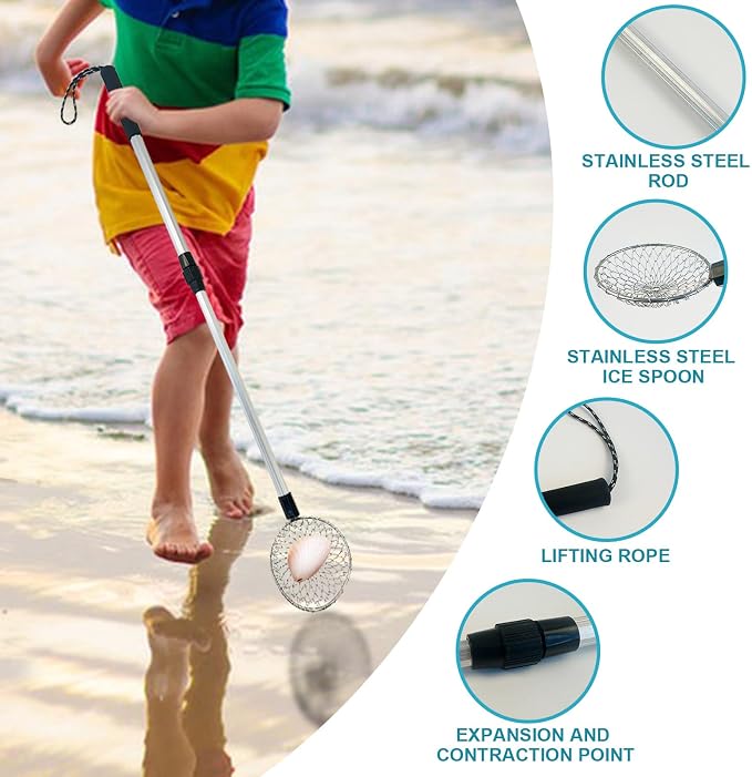 6Pcs Beach Sand Sifter, Adjustable Shark Teeth Sifter Shell Shovel Rock Scooper with Shell Collecting Bag- Beach Scoop Shovel and Sifter Tool for Picking Up Shells Beachcombing & Rock Hunting