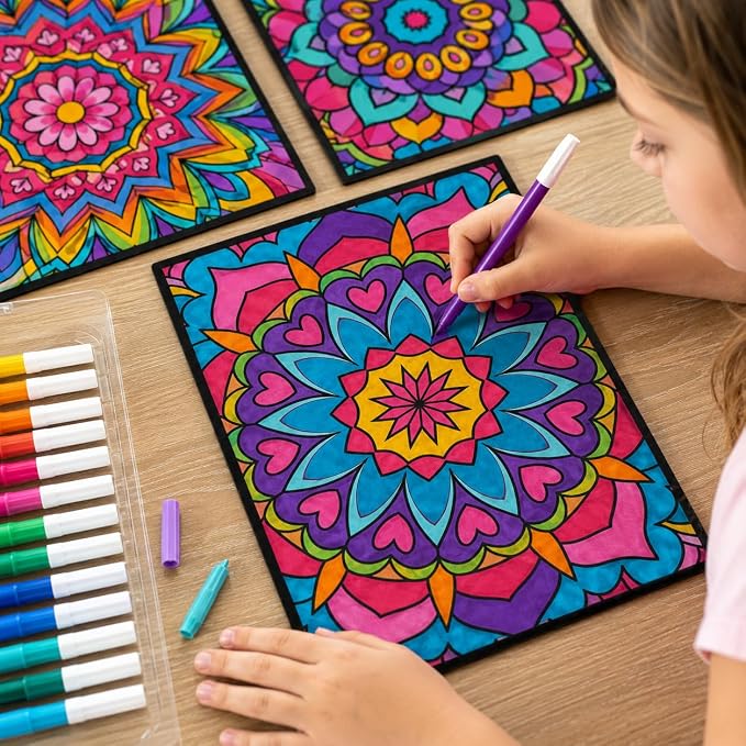 Cinrobiye 48 Pcs Velvet Coloring Posters Mandala Fuzzy Posters to Color Bulk Felt Mandala Coloring Page Craft for Adults Teenagers All Ages Classroom Assisted Living Festive Holiday Art&Craft Activity