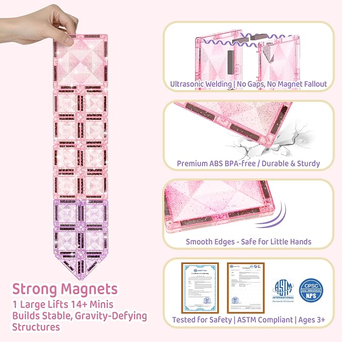 burgkidz Sparkling Glitter Magnetic Tiles for Girls Ages 3-8: 42PCS Pink & Purple Tiles with Storage Tin, Standard Size Compatible with Leading Brands, Dual Size Mix, Travel Friendly Birthday Gift