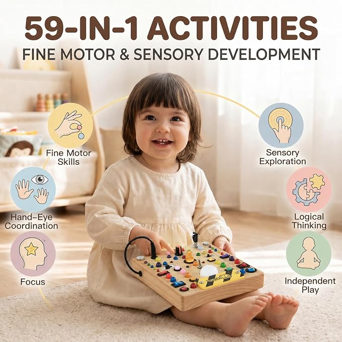 RichBoy Montessori Toy Busy Board with 40 LED Lights, 59-in-1 Sensory Toys for Toddlers, Travel Educational Activity for Airplane, Ideal Christmas Birthday Gift for Boys & Girls (7.8" x 6.5")