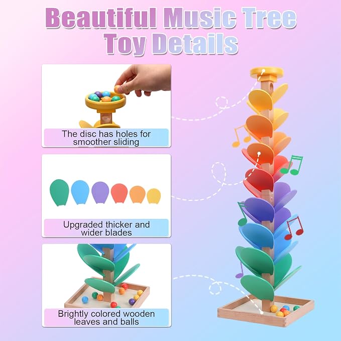 Wooden Rainbow Marble Run Tree, 30pcs Vertical Marble Run Construction Game,Creative Color Sorting Ball Drop Musical Toy,Montessori Learning Stem Gift for Kids Age 3,4,5,6,7,8+