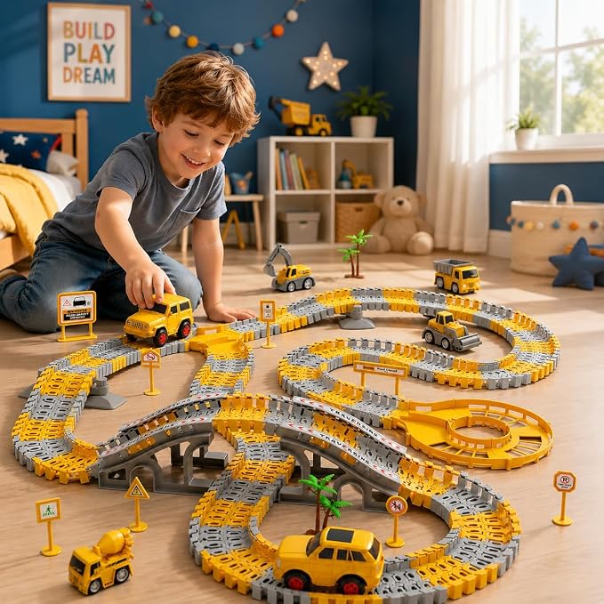 Kids Flexible Construction Race Track Set for Boys 3-5, STEM Building Toys with 2Race Cars & 4 Engineering Vehicles (Excavator, Cement Truck), DIY Car Tracks Birthday Gifts for Toddlers Ages 4-6 Years