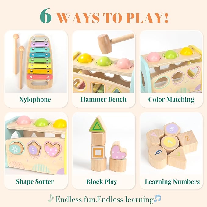 WOODENFUN Hammering Pounding Toys Wooden Educational Toy Xylophone Shape Sorter, Birthday Gift for 3 Years Boys Girls Baby Toddler Kids Developmental Montessori Learning Toy (Yellow)