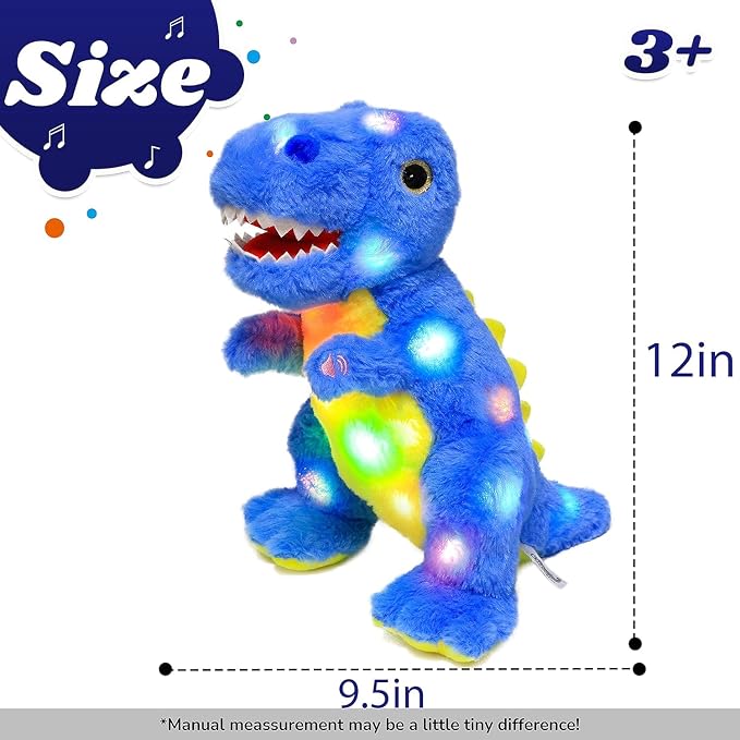 Light-up Singing Plush Blue Dinosaur LED Musical Stuffed Animal T-Rex Adjustable Volume Lullaby Plushies Birthday Christmas Toy Gifts for Kids Toddler Girls, 12"