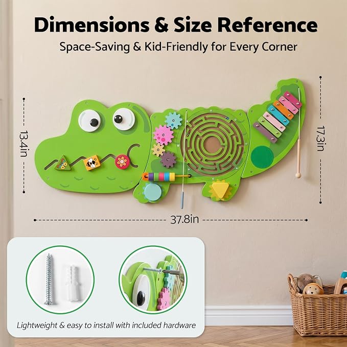 WOODENFUN Wooden Activity Wall Busy Board for Toddlers, 8 in 1 Crocodile Montessori Sensory Wall Panel with Bead Maze, Baby Activity Center Learning Toys for Boys Girls