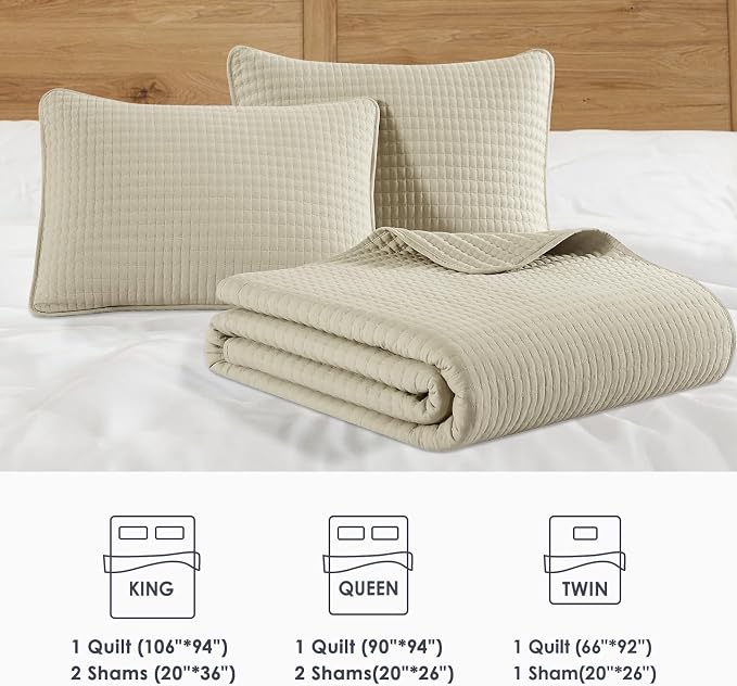 WRENSONGE King Size Quilt-3 Pieces Lightweight Bedspreads Beige King Quilt Bedding Set for All Seasons, Soft Summer Coverlet with 2 Pillow Shams Suitable for Bed, Couch, Quilt Blanket