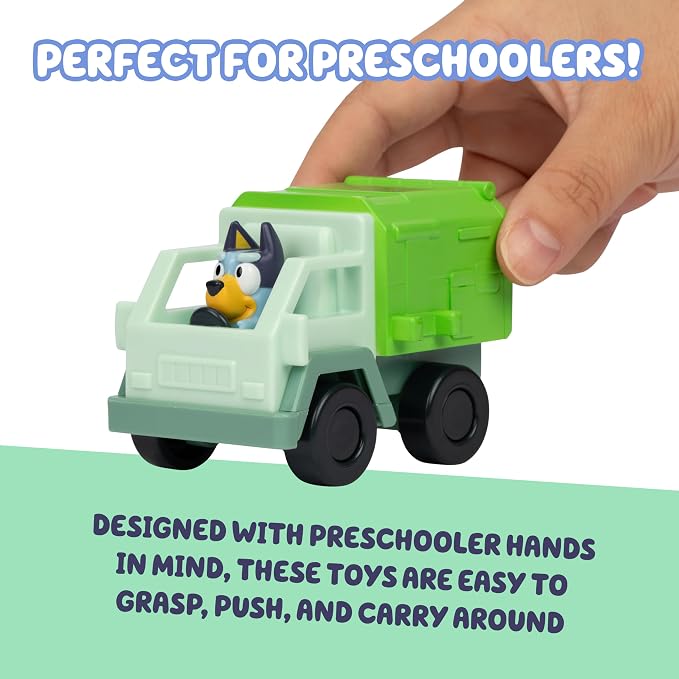 Bluey Mini Racers Vehicles Set of 4, Garbage Truck, Convertible, Family Car, and Firetruck, Small Toy Cars, Toddler Toys for Ages 3+