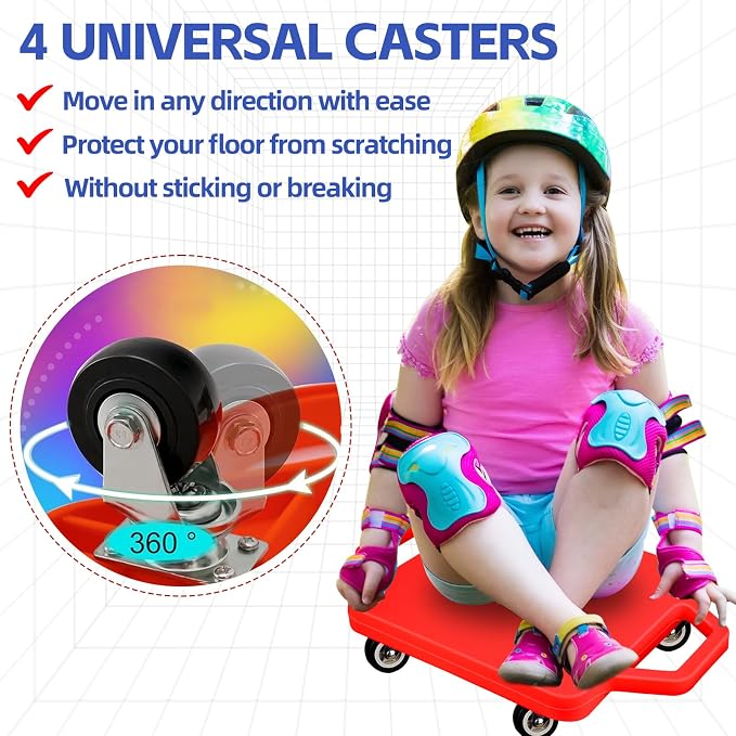 2 Pcs Sports Scooter Board with Handles Colored Floor Sitting Scooter Board with Plastic Casters for Kids Gym Indoor Outdoor Activities Play Equipment