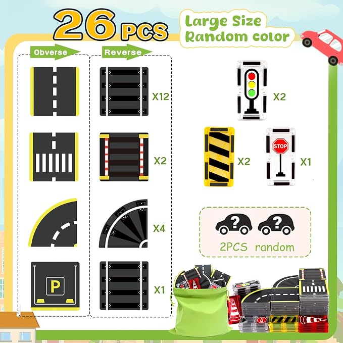 Magnetic Tiles Road Set, 26Pcs Large Double Sided Magnetic Blocks with Pullback Cars & Traffic Signs, STEM Toys for Kids Ages 4-8, Creative Gifts for 3+ Years Old Boys Girls
