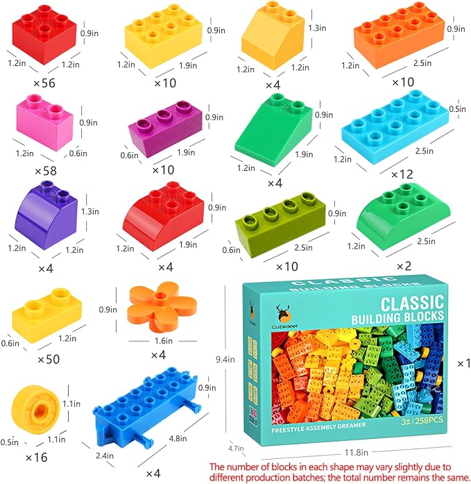 Cutedeer 258 Piece Classic Big Building Blocks Set for Kids Toddlers Compatible with All Major Brands, Large Building Bricks STEM Toys with Gift Box for All Ages Boys Girls