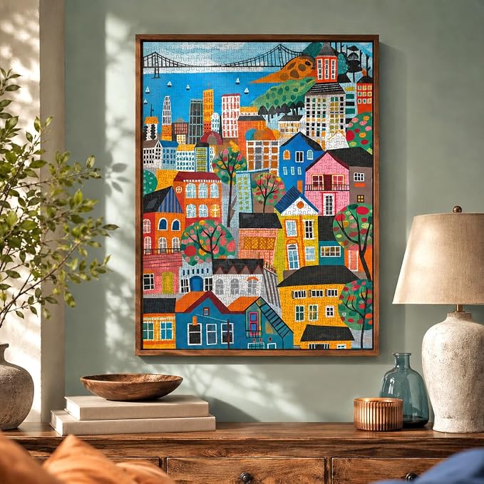 Cross & Glory - Bay Breeze & Bright Lights - 1000 Piece Jigsaw Puzzle for Adults | Vibrant San Francisco Folk Art Puzzle | Unique Puzzle Challenge for Art Lovers