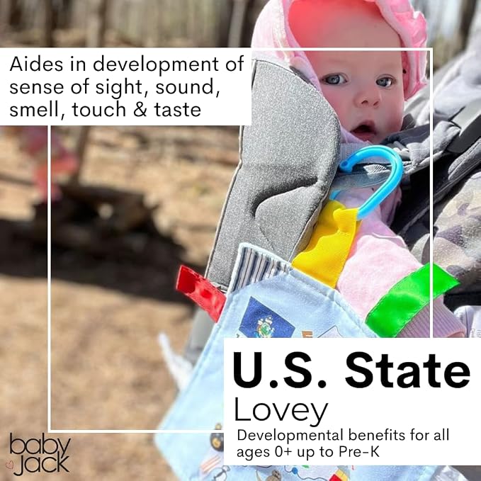 Baby Jack & Co 8x8” Learning Lovey Wisconsin State Tag Stroller Toy for Babies - Crinkle Toys for Developing Five Senses - Learn About Capitals - Travel with Baby Jack - BPA Free Clip
