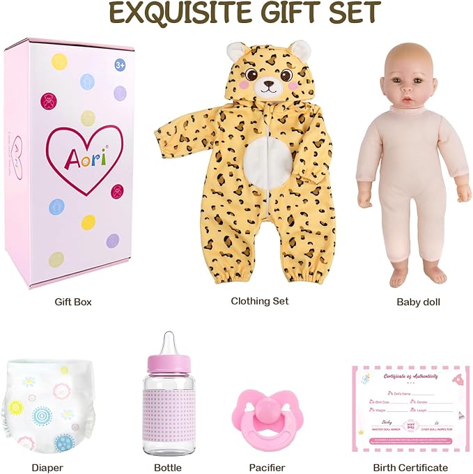 Aori Baby Doll 17 inches, Real Life Baby Dolls with Feeding Kit Included, Life Like Newborn Baby Doll that Look Real, Ideal Gift for Kids, Birthday, Pretend Play