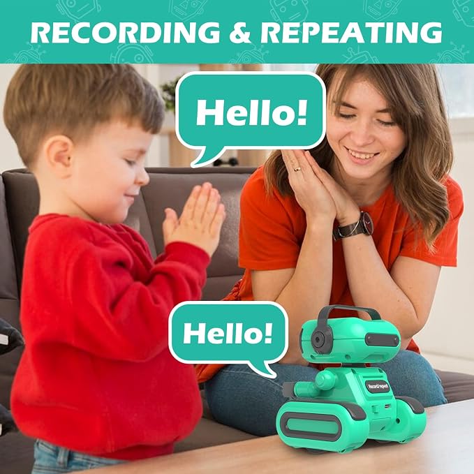 Green Rechargeable Remote Control Robot Toy for Kids Ages 3+ | Auto Demo, Recording & Repeat, Flexible Head & Arms, Rechargeable RC Robot, Great Birthday & Christmas Gift for Little Kids