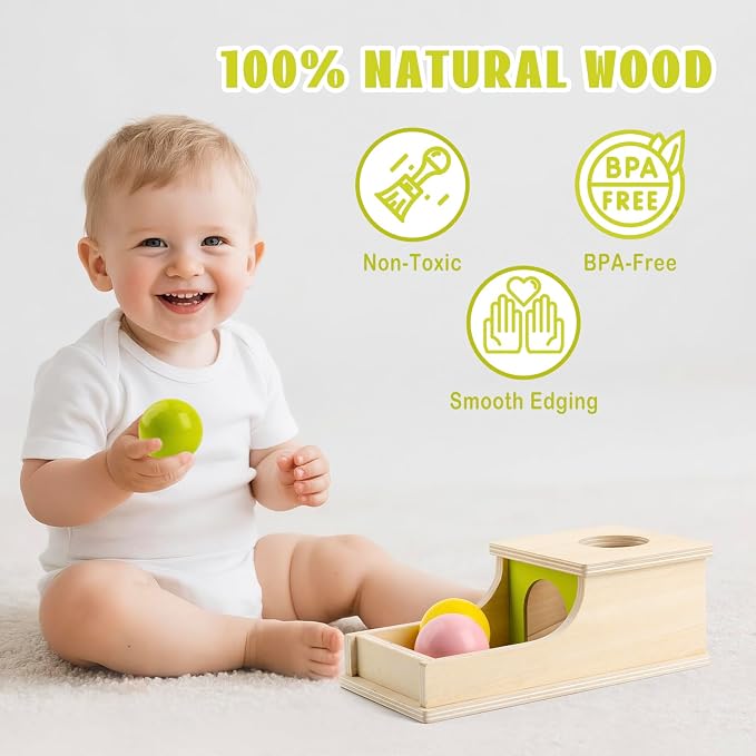 Montessori Toys for 6 Month Old, Wooden Object Permanence Box with Tray Three Balls, 8 Month Old Baby Toys, Preschool Infant Toys 6-12 Months Developmental, Cause and Effect Ball Drop Toy