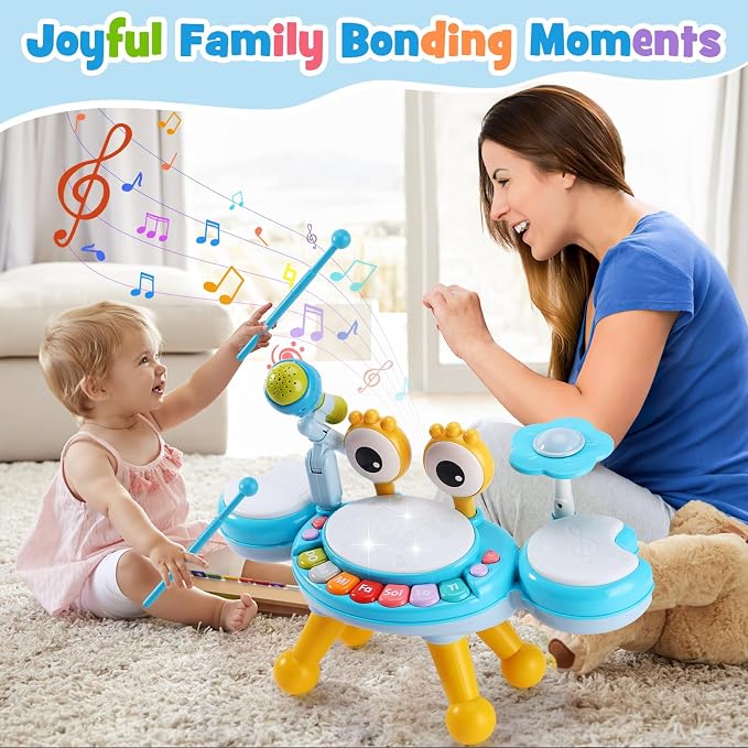 Resosese Toddler Drum Set for 1-3 Year Old, Baby Drum Set for Kids 1 2 3, Montessori Learning Toys with Light-Up Microphone, Birthday Gift for Baby Boys Girls 6 9 12 18 Months