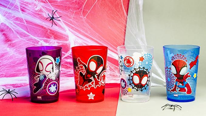 Zak Designs Marvel Spider-Man Nesting Tumbler Set for At Home, 14.5oz Non-BPA Plastic Cups, 4-Pack (Spidey and His Amazing Friends)